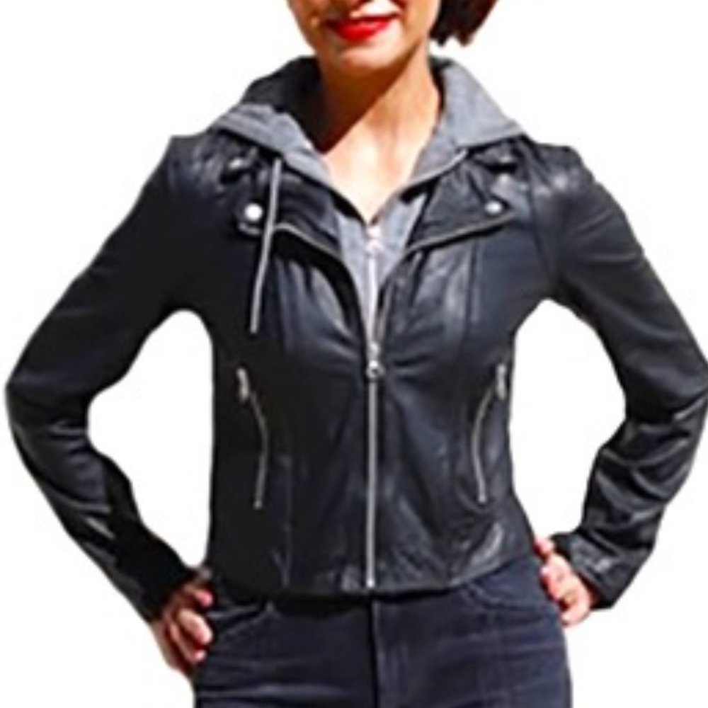 COPY - C'EST FINI ODETTE REMOVABLE HOODIE LEATHER JACKET SIZE MEDIUM NWOT